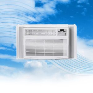 A window air conditioner is shown in front of the sky.