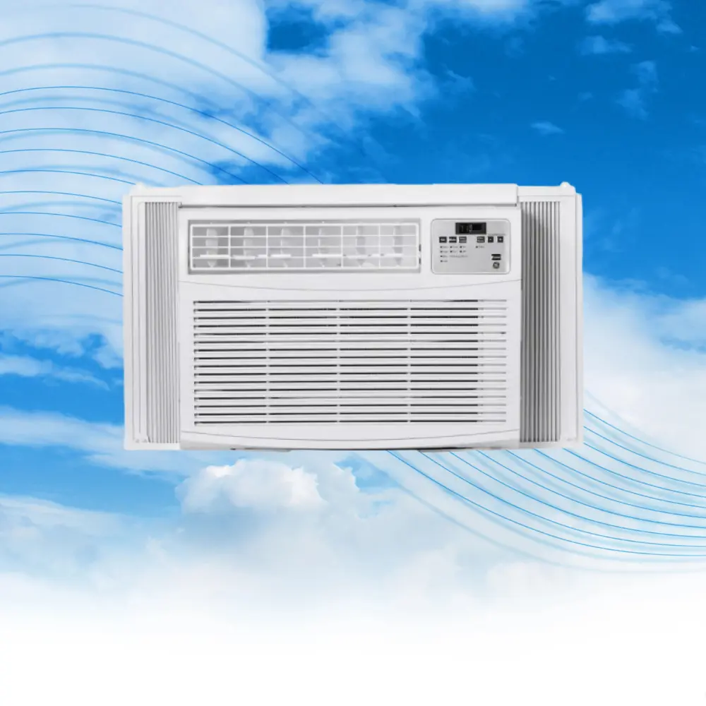 A window air conditioner is shown in front of the sky.