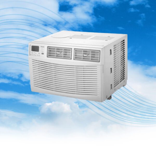 A window air conditioner is shown in front of the sky.