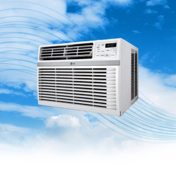 A window air conditioner is shown against the sky.