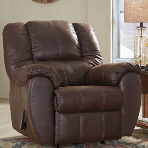 A dark brown leather recliner