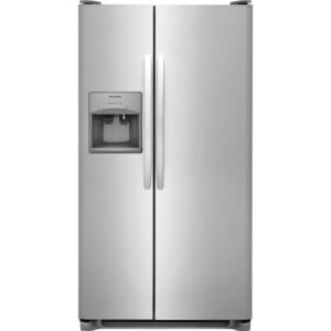 A silver refrigerator with two doors and one ice maker.