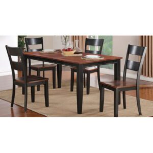 A brown dining table set for four