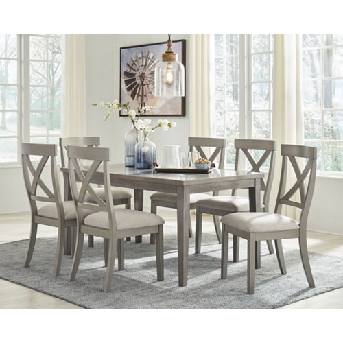 A grey dining table set for six