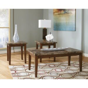 A brown colored living room table set