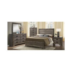 A set of brown bedroom furniture