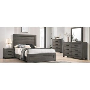 A set of brown and white bedroom furniture