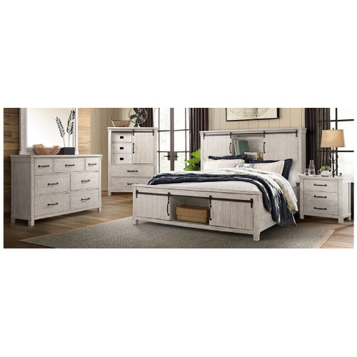 A set of white colored wood bedroom furniture