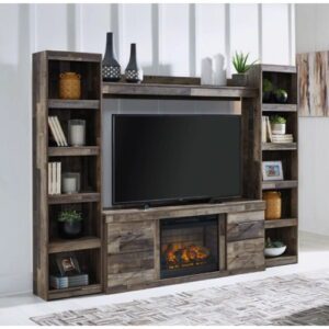 A tv stand with some shelves and a fireplace