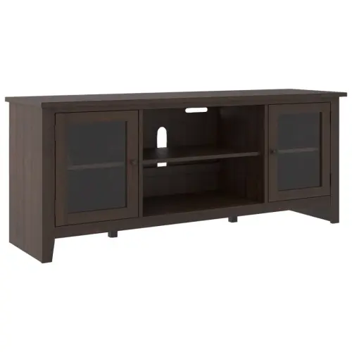A brown entertainment center with glass doors and shelves.