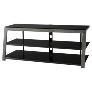 A black glass and metal entertainment center with three shelves.