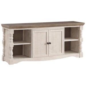 A white and brown entertainment center with two doors.