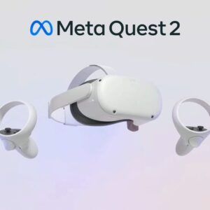 A white oculus quest 2 with two controllers.