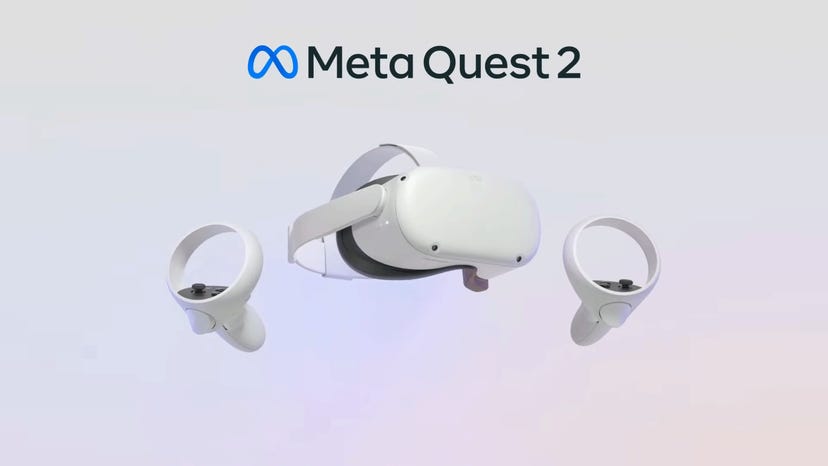 A white oculus quest 2 with two controllers.