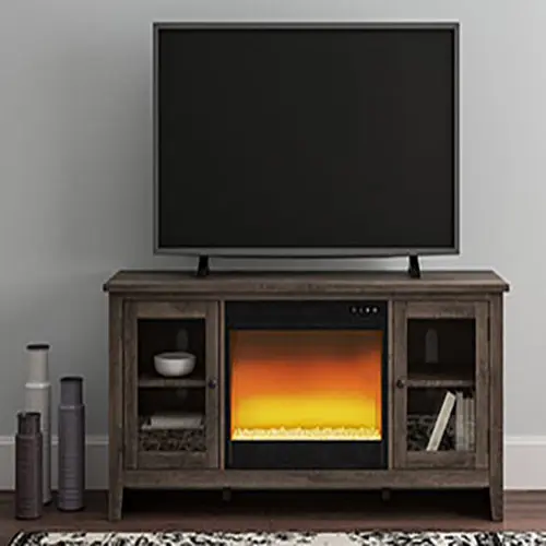 A tv stand with a fireplace in the center.
