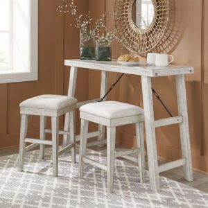 A white table with two stools and a mirror