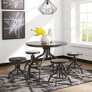A dining room table with four stools in it