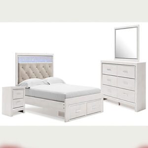A white bed with two drawers and a mirror