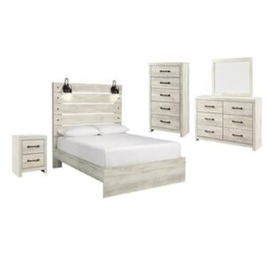 A white bed with two nightstands and a mirror.