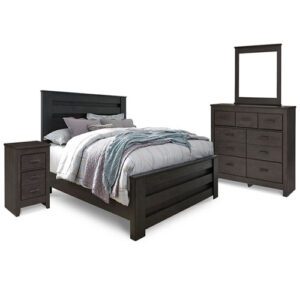 A bedroom set with a bed, dresser and mirror.