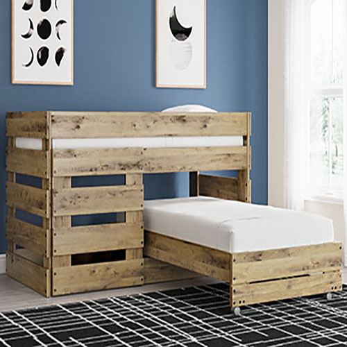 A bunk bed with two beds and a mattress on top of it.