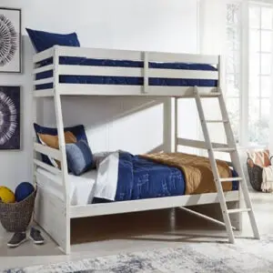 A white bunk bed with blue and yellow bedding.