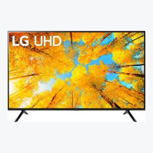 A black lg uhd tv with an autumn tree background.