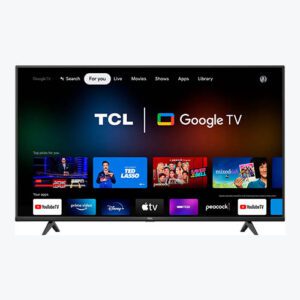 A tcl tv with google and apple logos on it.