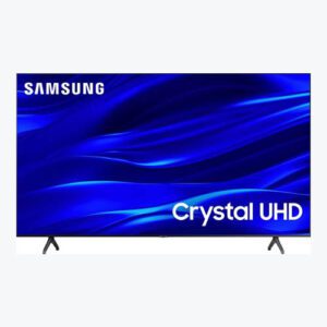 A samsung crystal uhd tv is shown in front of a blue background.