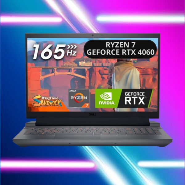 A laptop with a neon background and a game screen.