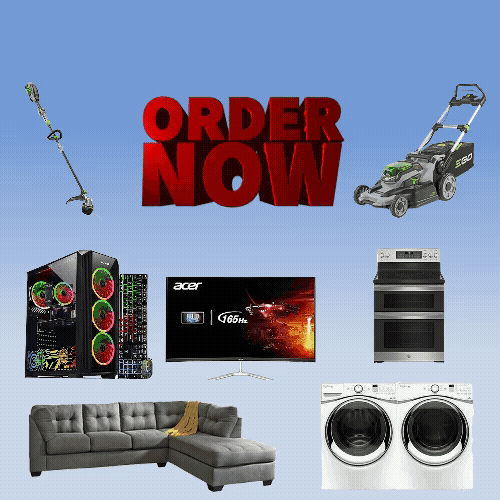 A blue sky with various items on it including a couch, lawn mower and other items.