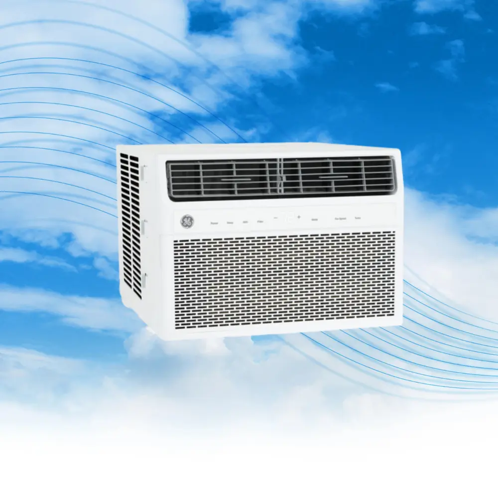 A white and black window air conditioner sitting on top of a blue sky.