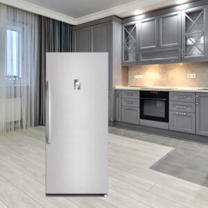 A white refrigerator freezer sitting in the middle of a room.