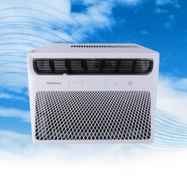 A white air conditioner sitting on top of a blue sky.