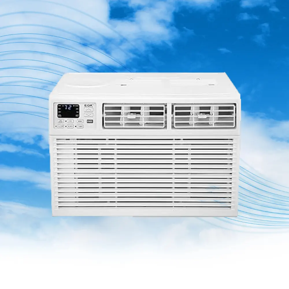 A white window type air conditioner sitting on top of a blue sky.