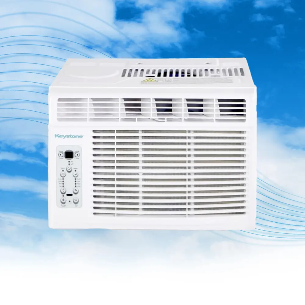 A window air conditioner is shown against the sky.