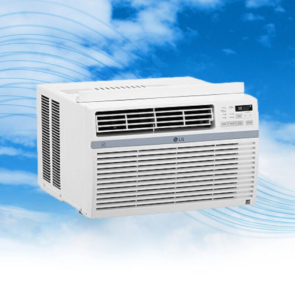 A window air conditioner is shown against the sky.