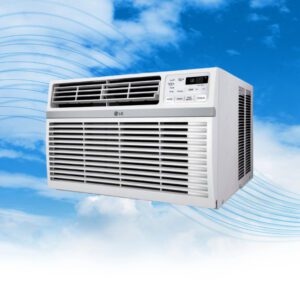 A window air conditioner is shown against the sky.