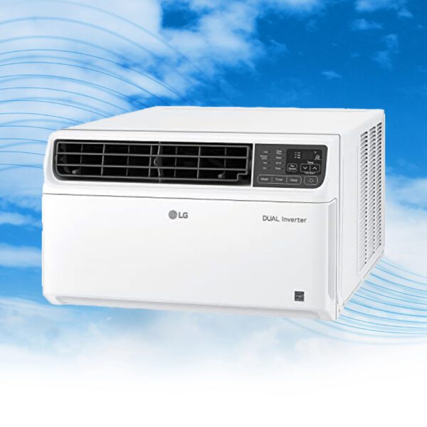 A white air conditioner sitting on top of a blue sky.