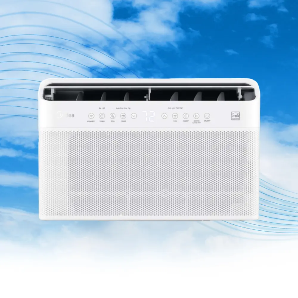 A white air conditioner sitting on top of a blue sky.