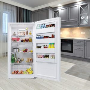 A refrigerator with its door open in the kitchen.