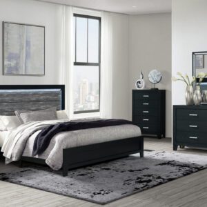 REID BLACK QUEEN BED GROUP WITH LED WITH QUEEN PLUSH MATTRESS & FOUNDATION