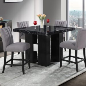 BLACK MARBLE BAR TABLE AND GREY CHAIRS