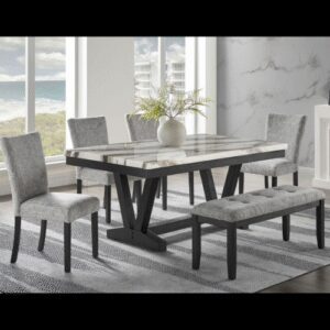 BLACK/WHITE DINING TABLE/ 4 LT GREY DINING CHAIR/ LT GREY BENCH