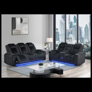 GLOBAL BLACK POWER CONSOLE RECLINING LOVESEAT/ POWER RECLINING SOFA W/ POWER HEADREST