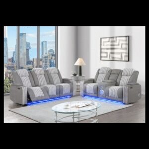 GREY POWER CONSOLE RECLINING LOVESEAT W POWER HEADREST LED & BLUETOOTH SPEAKER/ POWER RECLINING SOFA W HEADREST