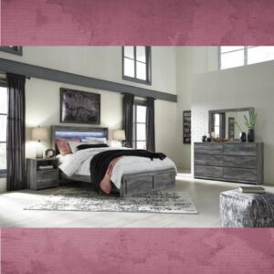 ASHLEY Baystorm Queen Panel Bed with 2 Storage Drawers with Mirrored Dresser and Nightstand W/ QUEEN PLUSH MATTRESS & FOUNDATION