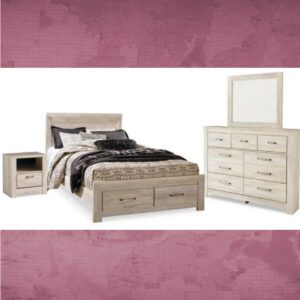 ASHLEY Bellaby Queen Platform Bed with 2 Storage Drawers with Mirrored Dresser and Nightstand W/ QUEEN PLUSH MATTRESS & FOUNDATION