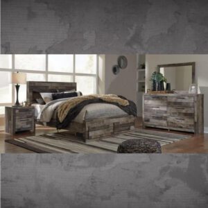 ASHLEY Derekson Queen Panel Bed with 2 Storage Drawers with Mirrored Dresser and Nightstand W/ QUEEN PLUSH MATTRESS & FOUNDATION
