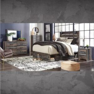 ASHLEY Drystan Queen Panel Bed with 2 Storage Drawers with Mirrored Dresser and Nightstand W/ QUEEN PLUSH MATTRESS & FOUNDATION